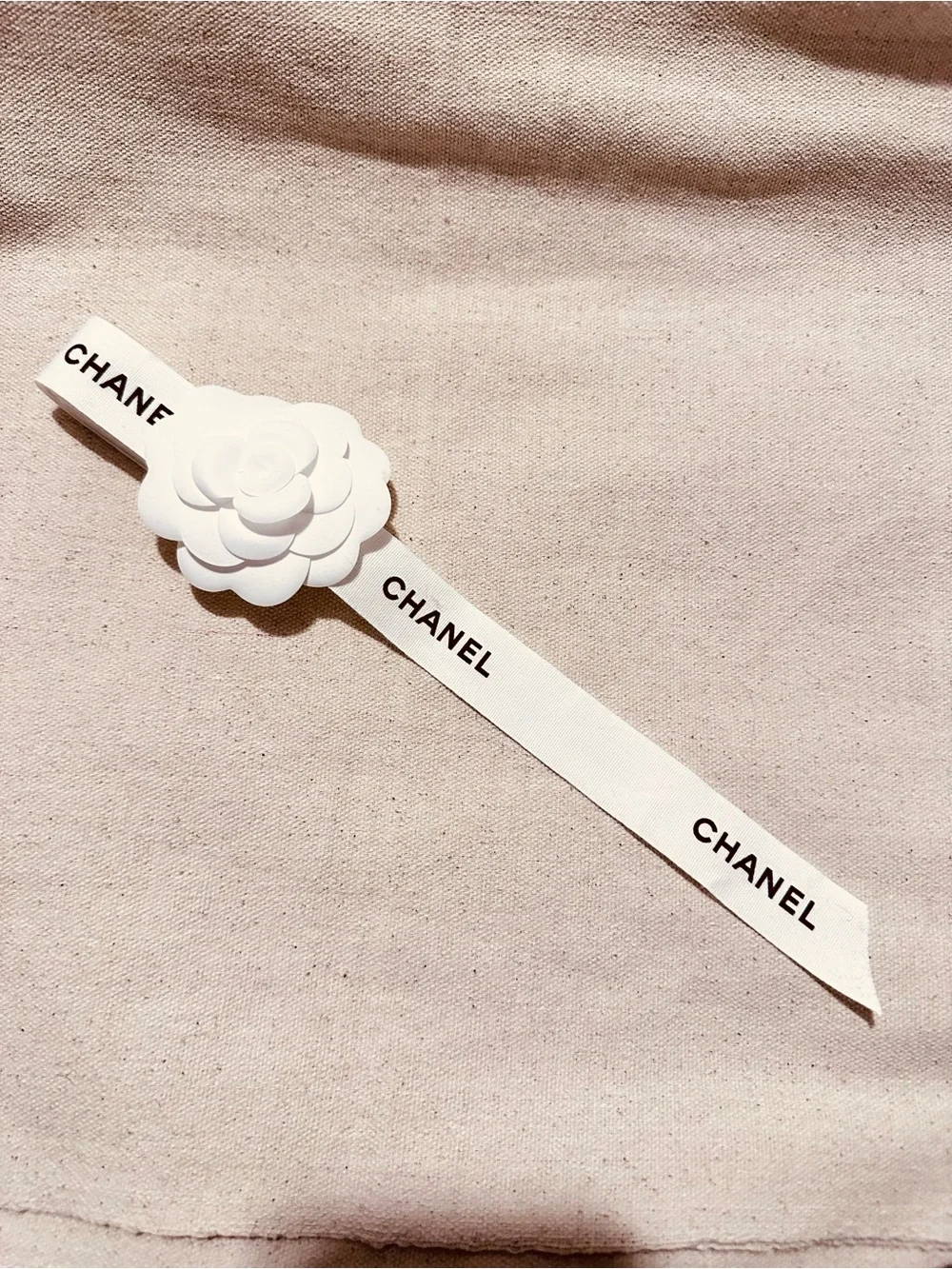 Chanel | Accessory | Chanel White Camellia White & Black Logo Ribbon Accessory